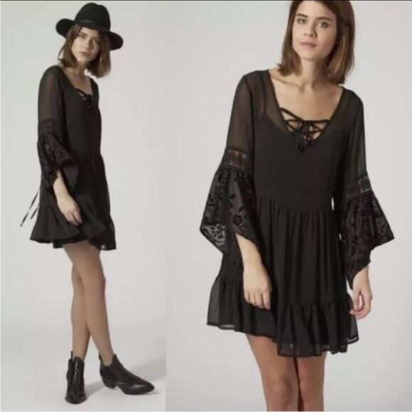 Band of Gypsies Semi- Sheer Black Mini Dress with Flared Boho Sleeves. Small - Picture 1 of 8